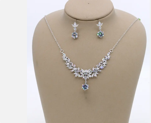 Wholesale fashion luxury white gold plated silver CZ Cubic Zircon Pendant Necklace Earring Bridal Jewelry Sets