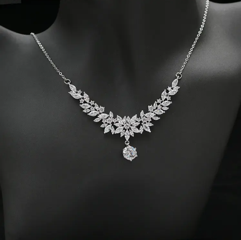 Wholesale fashion luxury white gold plated silver CZ Cubic Zircon Pendant Necklace Earring Bridal Jewelry Sets