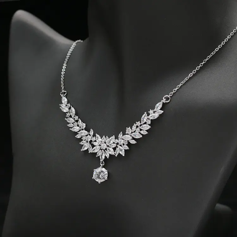 Wholesale fashion luxury white gold plated silver CZ Cubic Zircon Pendant Necklace Earring Bridal Jewelry Sets