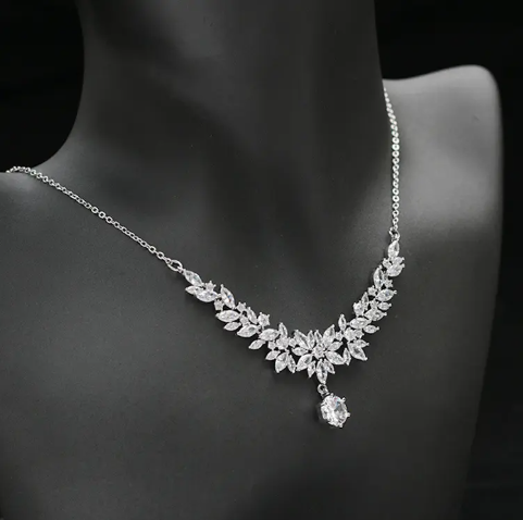 Wholesale fashion luxury white gold plated silver CZ Cubic Zircon Pendant Necklace Earring Bridal Jewelry Sets