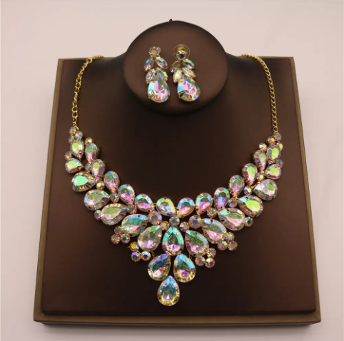 Fashion Jewelry Silver Women Rhinestone Drop Necklace Earring Set Wedding Dress Jewelry Accessory Jewelry Set