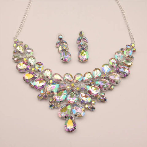 Fashion Jewelry Silver Women Rhinestone Drop Necklace Earring Set Wedding Dress Jewelry Accessory Jewelry Set